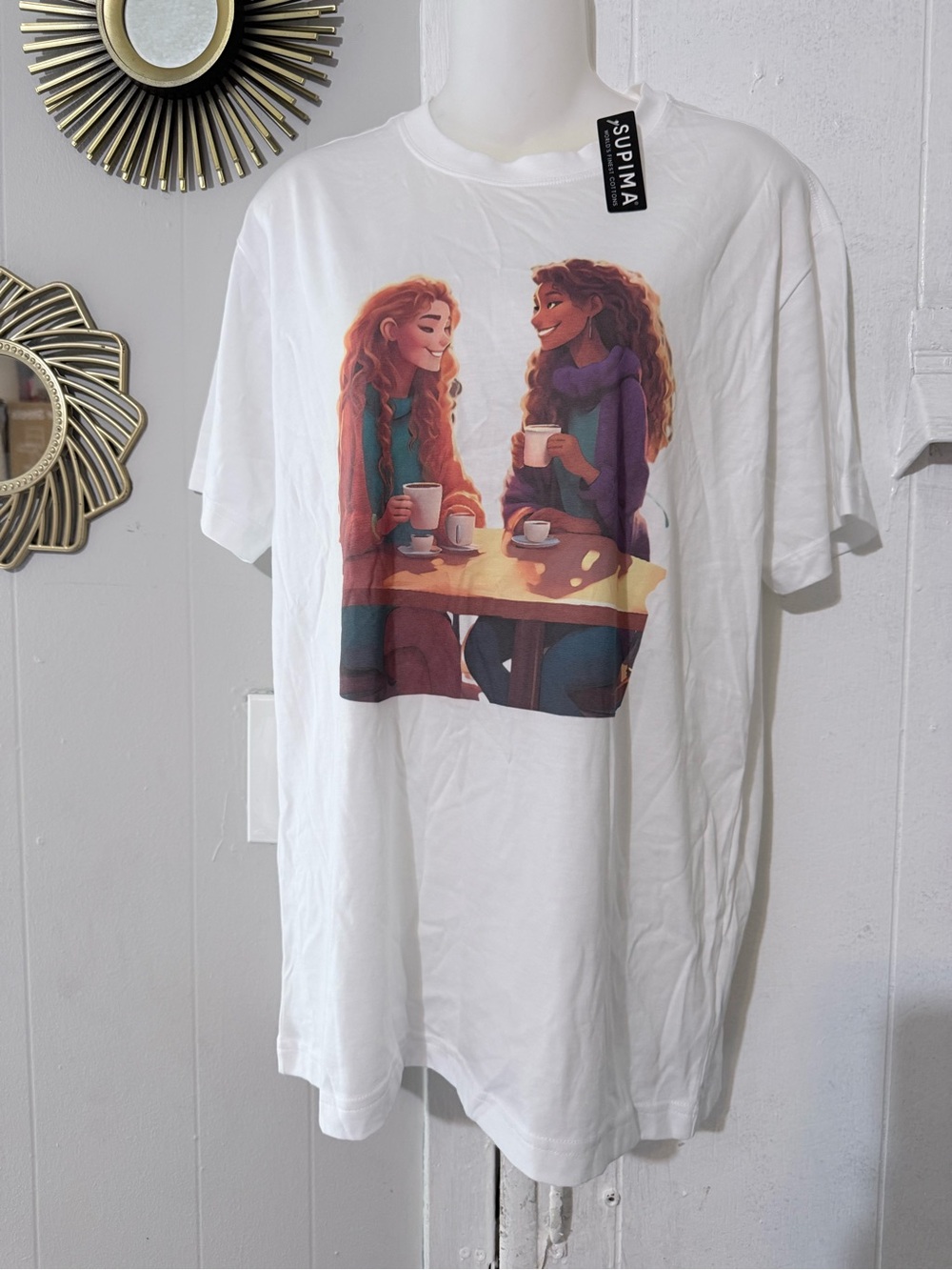 Supima White Short Sleeve Graphic Tee with Coffee Illustration
